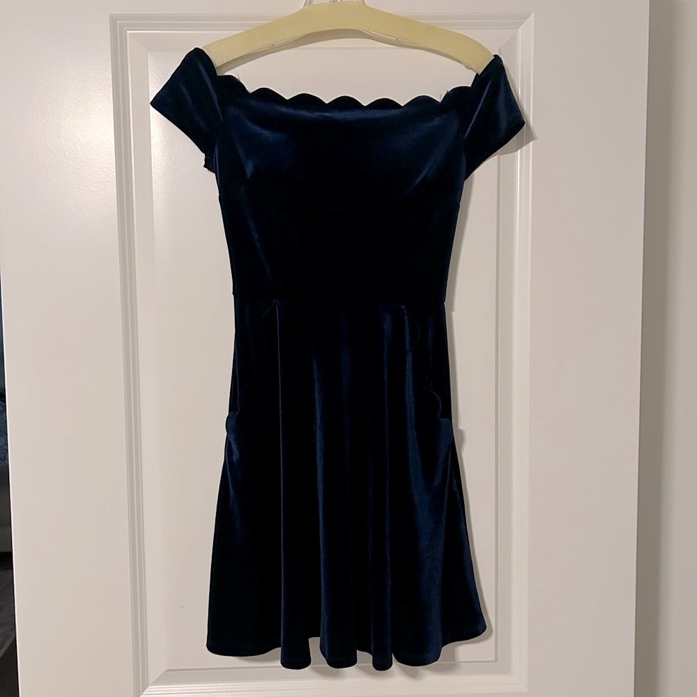 B Darlin Velvet Navy Blue Off-Shoulder Semi-Formal Dress